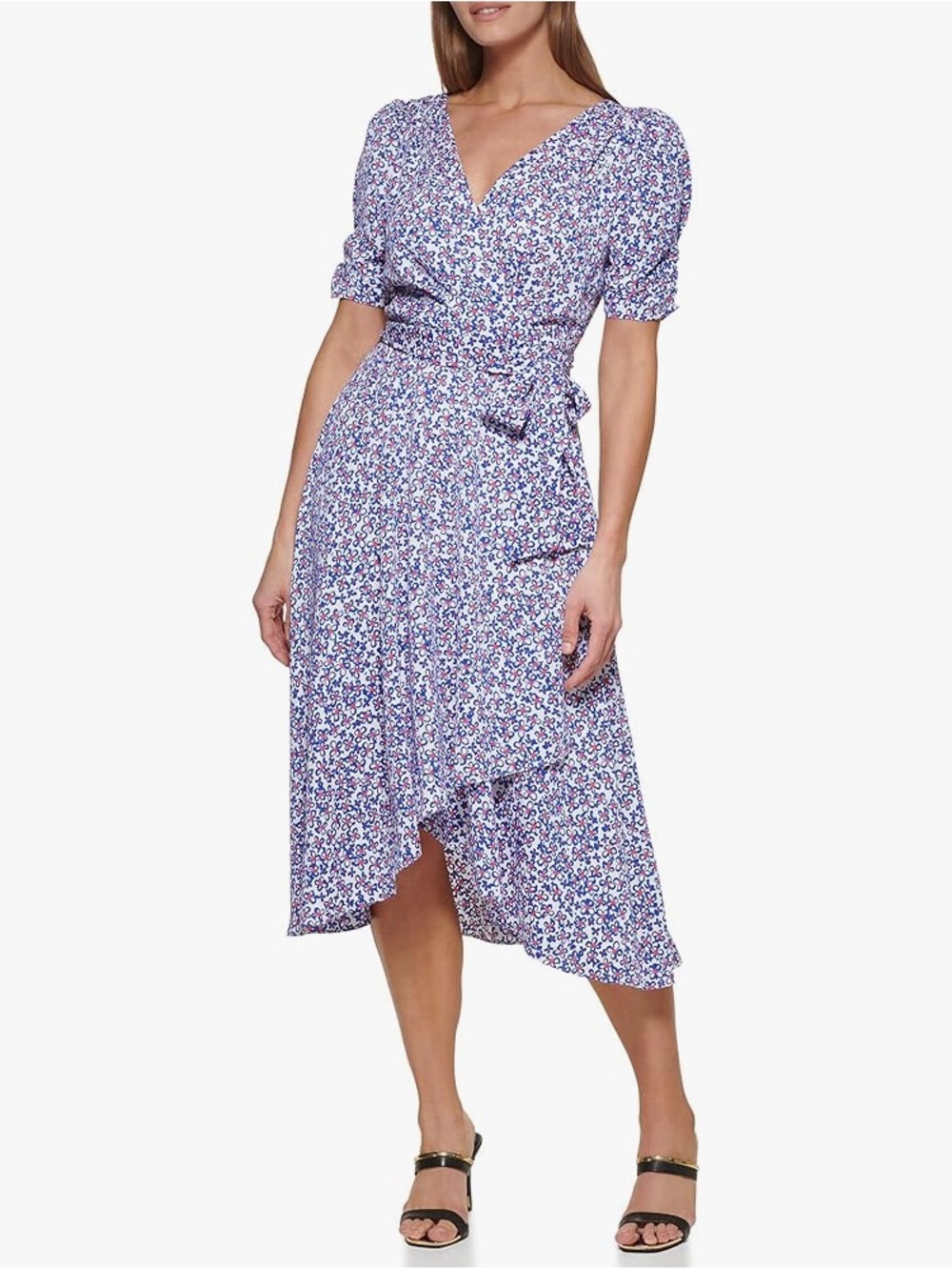DKNY Ruched Sleeve Faux Wrap Dress (Sz 14) Deep Iris Multi Floral